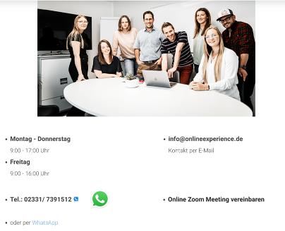 Website der Online Experience GmbH: Kontaktmöglichkeiten