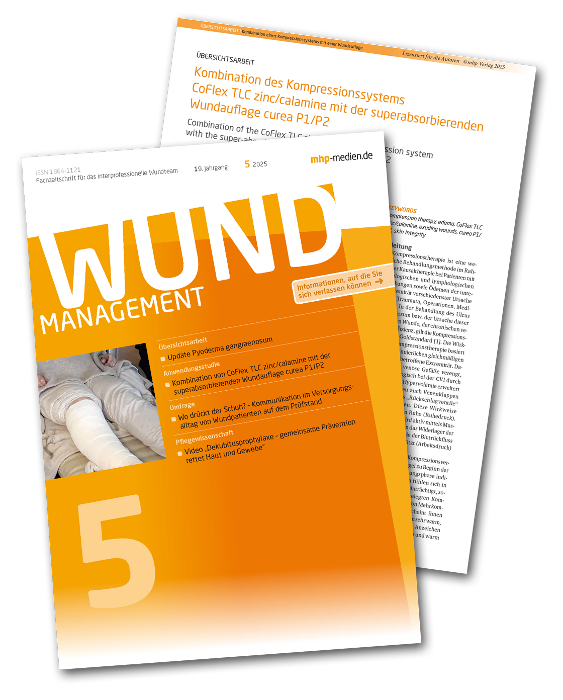 Kombination des Kompressionssystems CoFlex TLC zinc/calamine mit der superabsorbierenden Wundauflage curea P1/P2