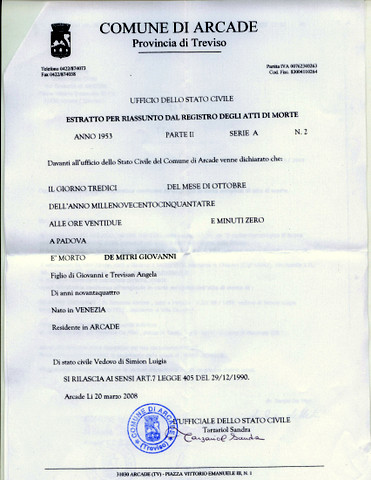 Certificato  morte di Giovanni di Giovanni Andrea de  Mitri  1953