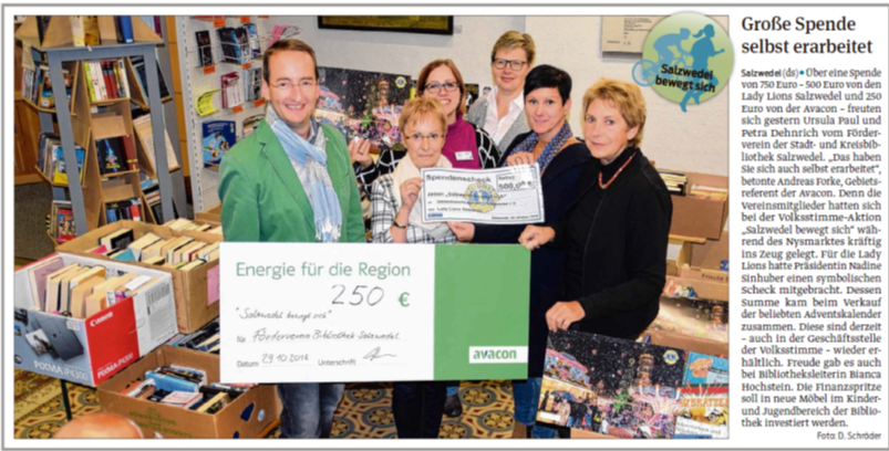 Die Volksstimme berichtet am 30.10.18 über die Spendenübergabe an den Förderverein der Bibliothek im Rahmen der Aktion "Salzwedel bewegt sich".