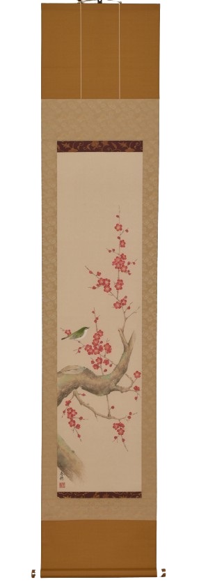 掛軸「紅梅に鶯」藤田春穂 九寸立（A-2511）