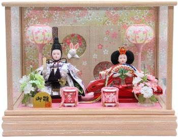 ひな人形 親王飾りケース入 小芥子2人 兎衝立付 四角 白木