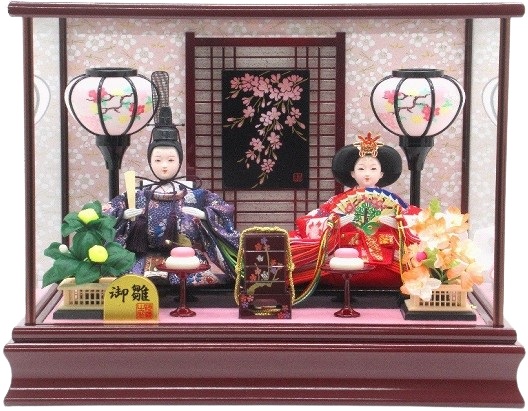 ひな人形 親王飾りケース入 小芥子2人 四角 マホガニー艶塗り（S3326）