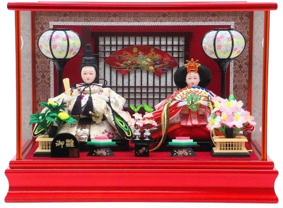 ひな人形 親王飾りケース入 小芥子2人 格子付 四角 シャイニーレッド（S3207）