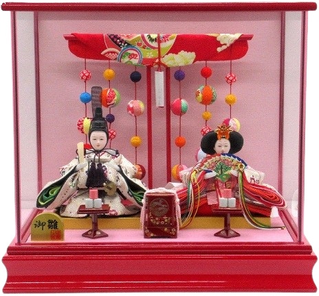 ひな人形 親王飾りケース入 小芥子2人 四角 朱塗り（S3328）