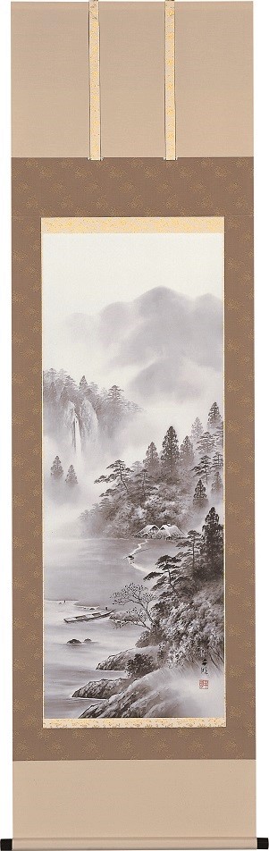 掛軸「水墨山水」阿波千明 尺五立（A-4717） - 伽楠（かなん）