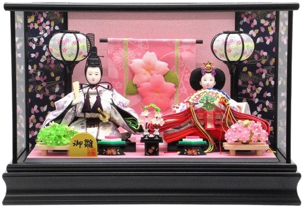 ひな人形 親王飾りケース入 小芥子2人 几帳付 奥六角 黒塗り（S2469）