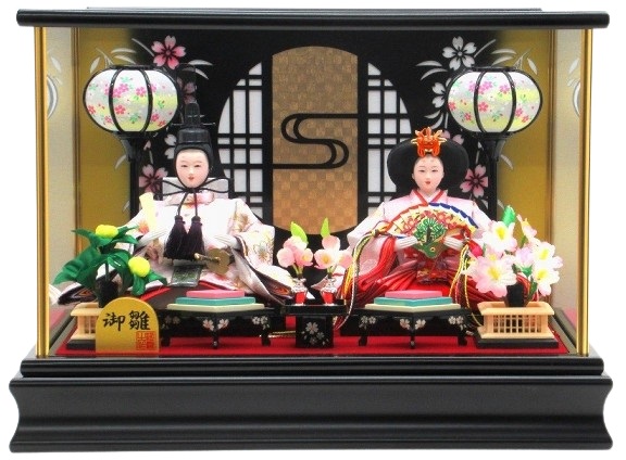 ひな人形 親王飾りケース入 小芥子2人 丸窓格子付 四角 黒塗り（S3218）