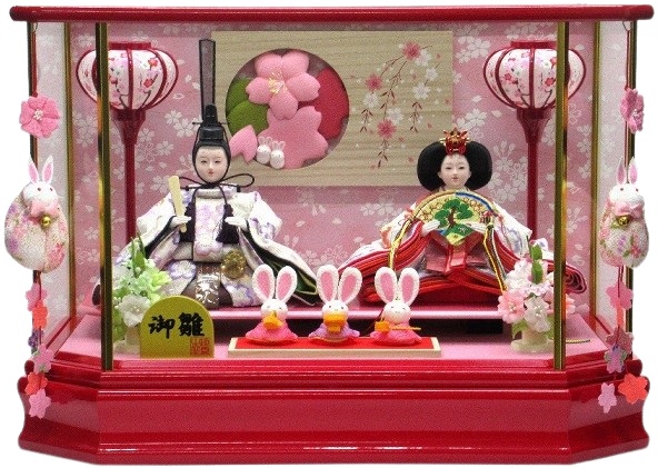 ひな人形 親王飾りケース入 小三五2人 六角 朱塗り（S3279） - 伽楠