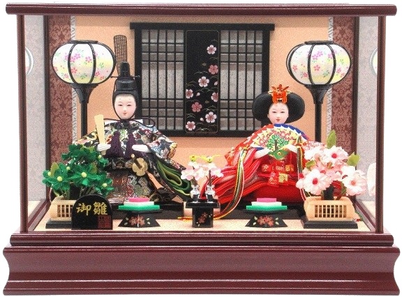 ひな人形 親王飾りケース入 小芥子2人 四角 マホガニー艶塗り（S3293）