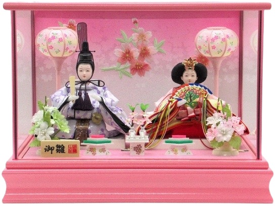ひな人形 親王飾りケース入 小芥子2人 四角 パールピンク（S3320）