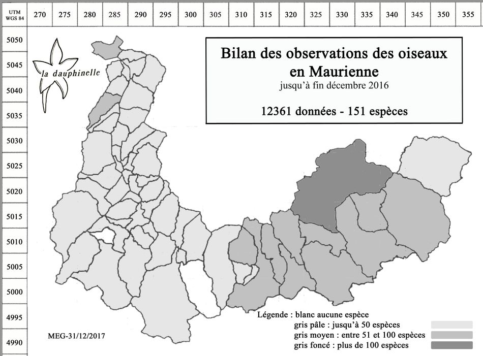 répartition des espèces d'oiseaux par communes de Maurienne