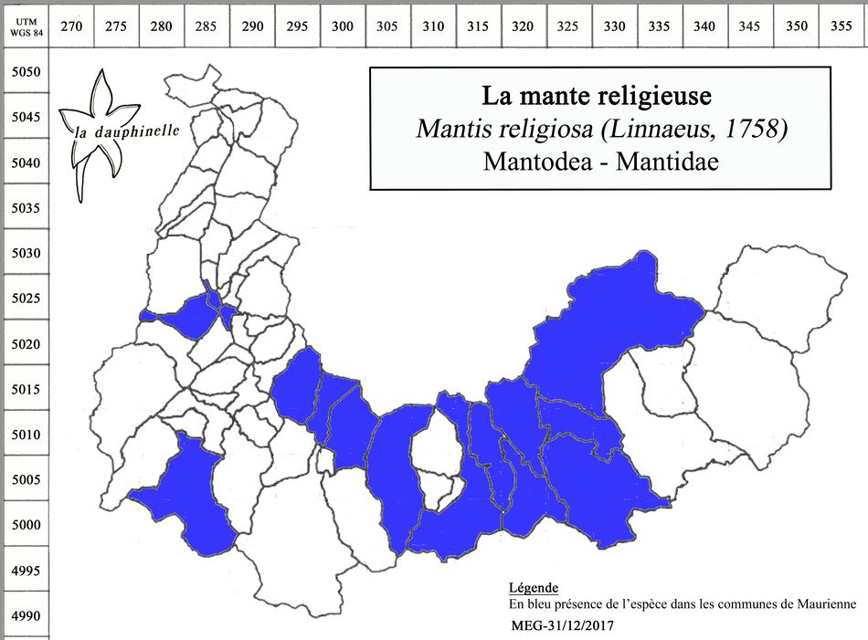 La mante religieuse Mantis religiosa, répartition communale