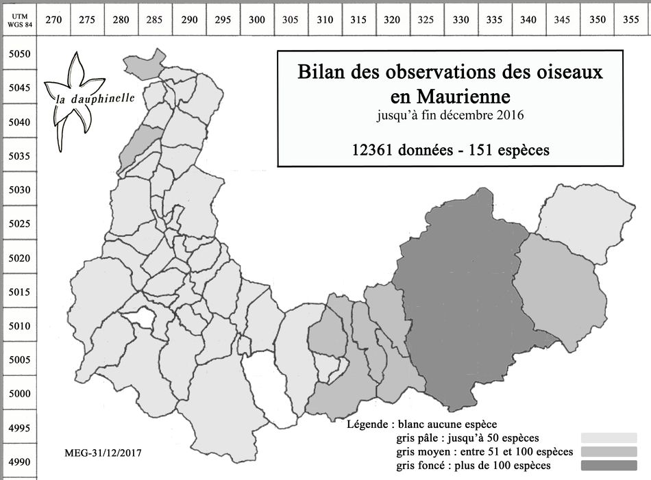 répartition des espèces d'oiseaux par communes de Maurienne