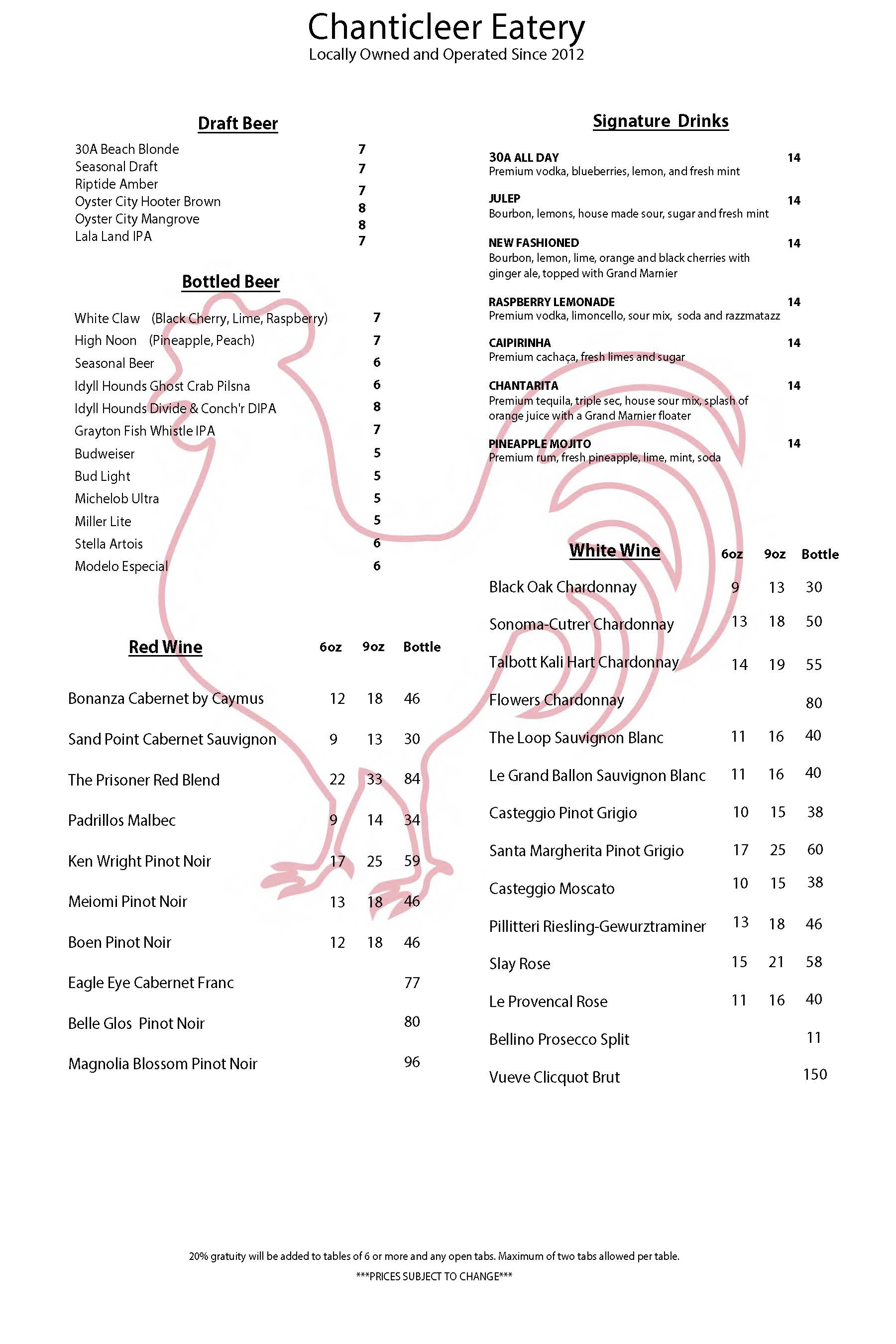 Drink Menu - Chanticleer Eatery Grayton Beach, Fl