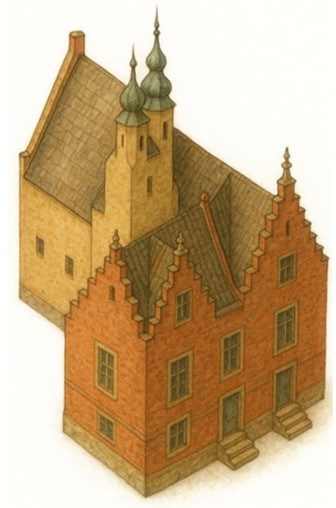 1512, huis van Willem Goudt aan het Noordeinde. Van dit huis zijn nog altijd de oude keldergewelven en enkele muren bewaard gebleven. Schets: gemaakt door Peter Roeleveld, naar voorbeeld van historische bronnen en oude tekeningen.