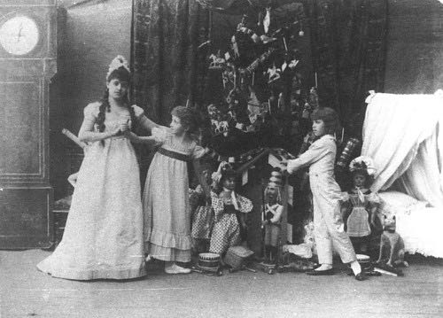 (Left to right) Lydia Rubtsova as Marianna, Stanislava Belinskaya as Clara and Vassily Stukolkin as Fritz, in the original production of The Nutcracker (Imperial Mariinsky Theatre, Saint Petersburg, 1892)