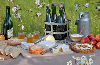 Produits de normandie : cidre, neufchatel, camembert, pont l'évêque, livarot, crème fraiche