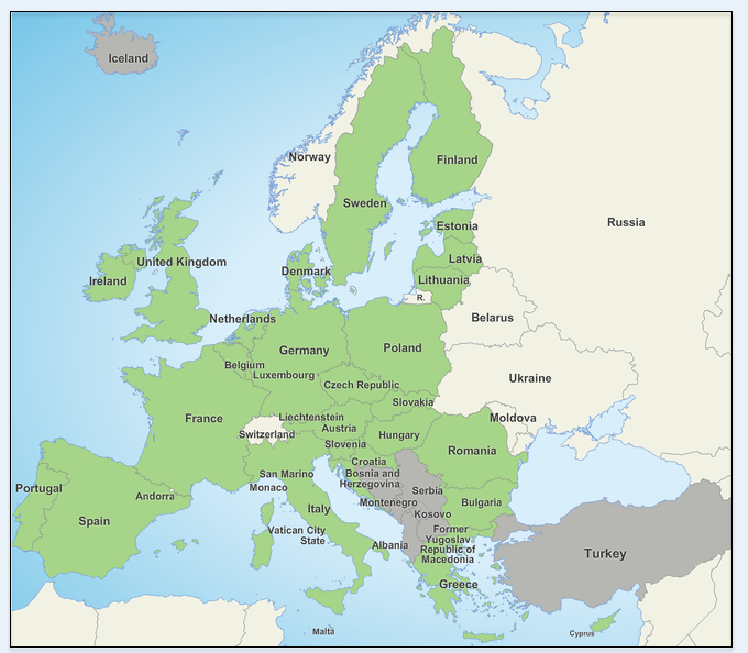 Immagine: Europa e Unione Europea (in verde), http://europa.eu - La Grand Bretagna (United Kingdom) a lasciato l'UE il 31/1/2020!