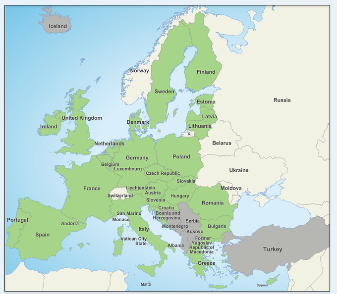 Изображение: Европа и Европейский Союз (зелёный), http://europa.eu - Великобритания (United Kingdom) покинула ЕС 31/1/2020!