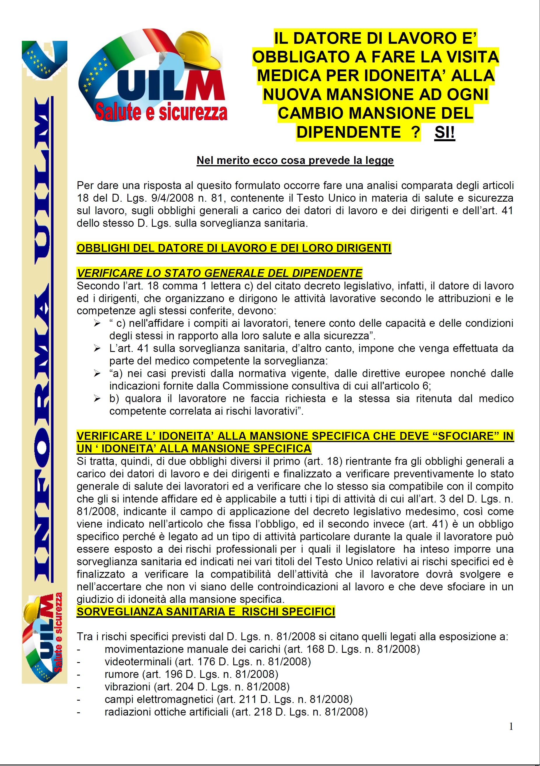 CAMBIO MANSIONE E GIUDIZIO DI IDONEITA' ALLA NUOVA MANSIONE ...