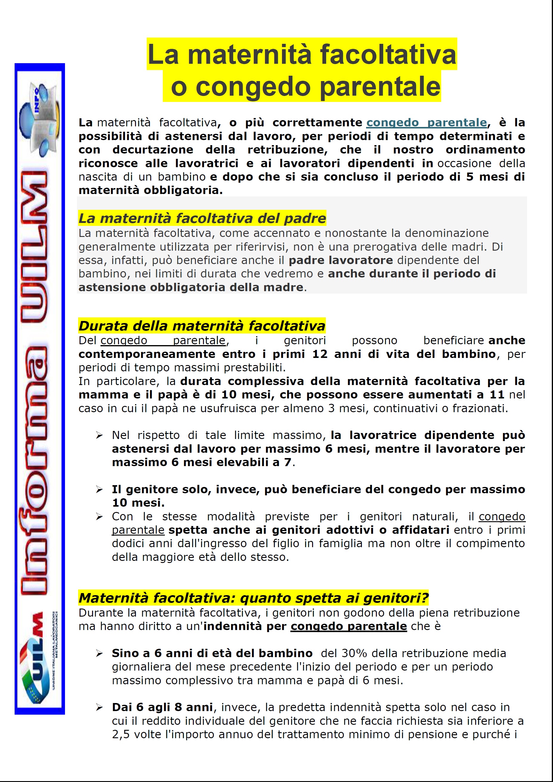 CONGEDO PARENTALE Benvenuti su uilmprovinciagranda!