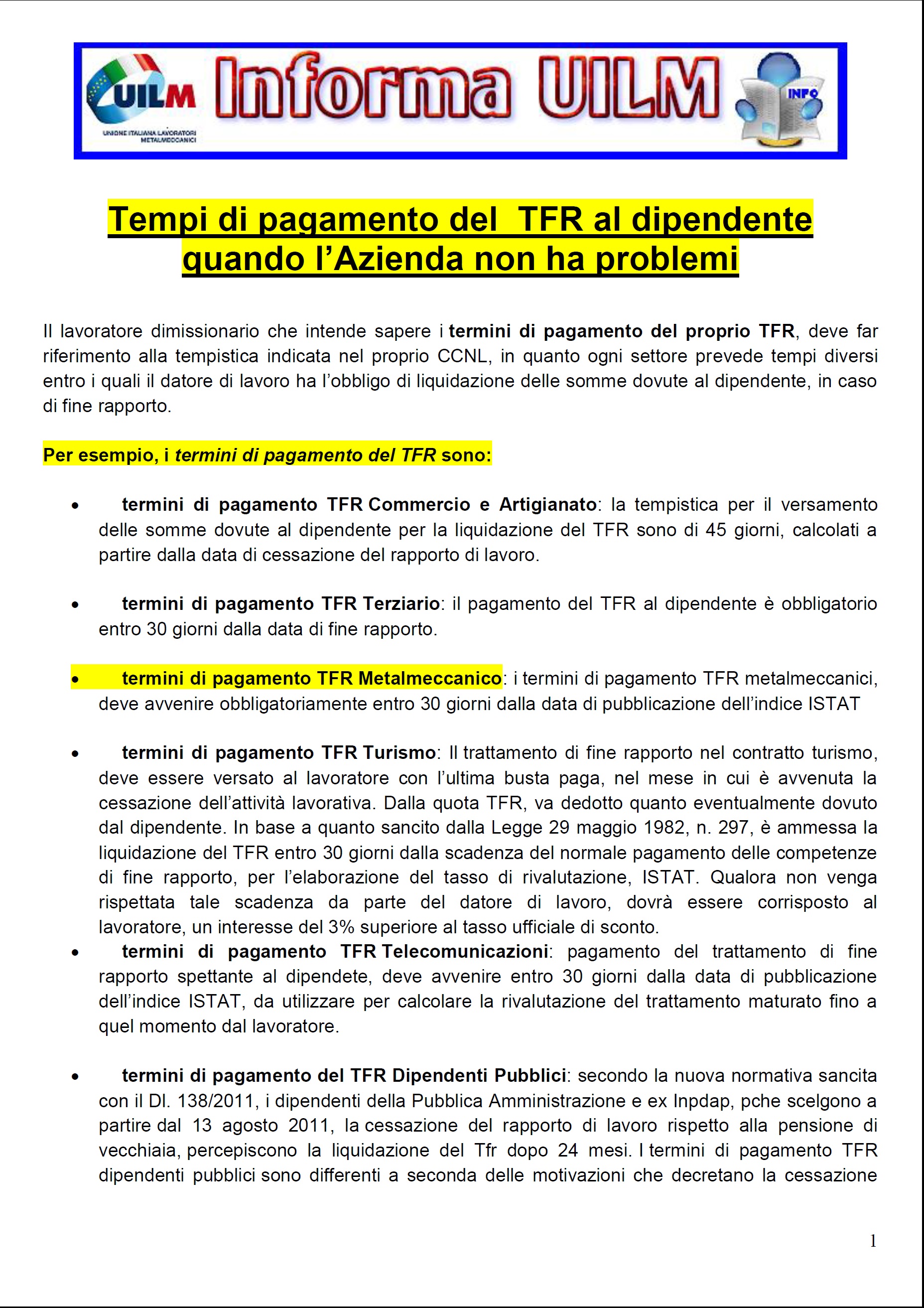 TEMPI PAGAMENTO TFR - Benvenuti su uilmprovinciagranda!