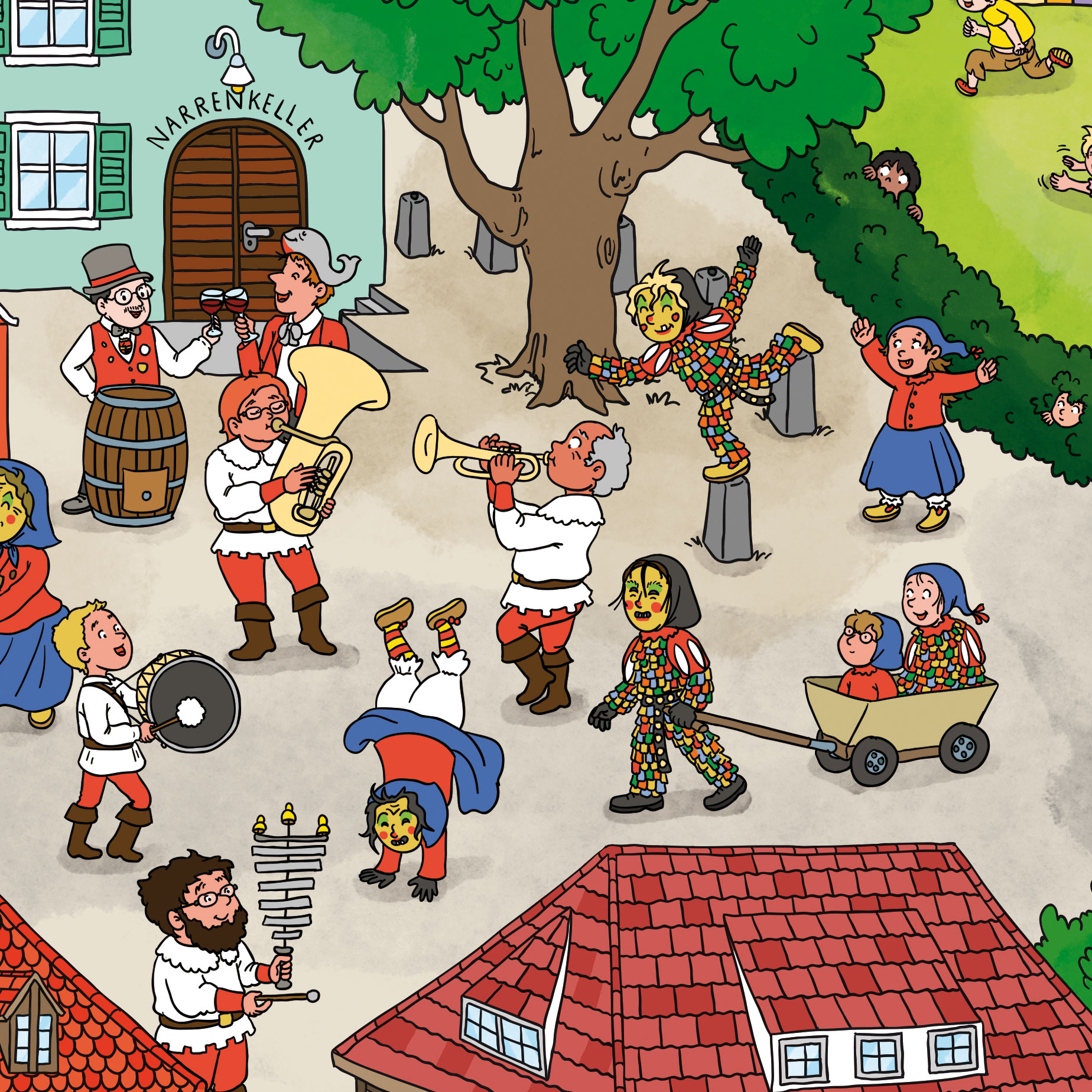 Oberkircher Wimmelbild, Narrenkeller und Narren.