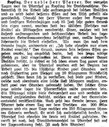 Über den Zusammenhang zwischen verkauften 200kg-Schweinen und kargen Knödeltellern beim Drusch im Pfarrhof... (Tagblatt. 24.9.1927)t