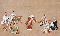 Aristocratic youth in long-sleeved kimono dancing to music. Court dances were also performed for the Shogun on diplomatic visits to Edo.