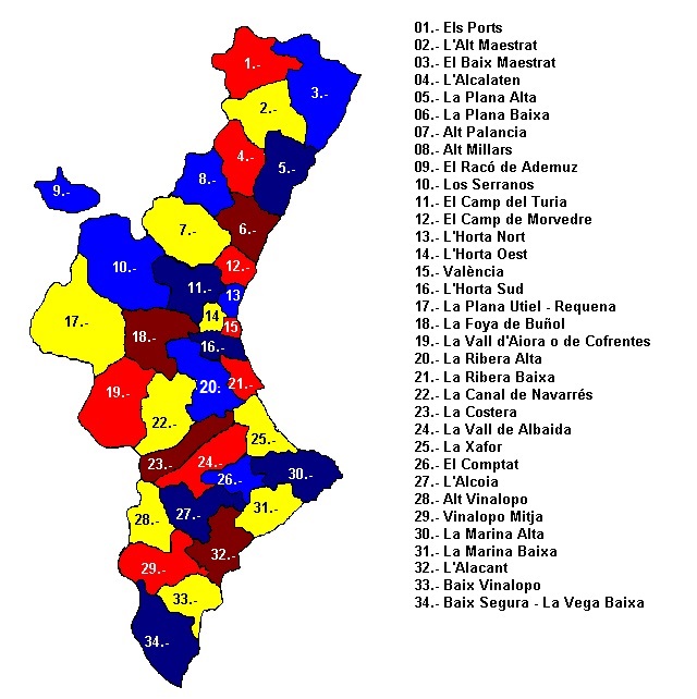 Mapa de las comarcas de la Comunidad Valenciana. La estructuración comarcal de la Comunidad Valenciana, está contemplada en su Estatuto de Autonomía.