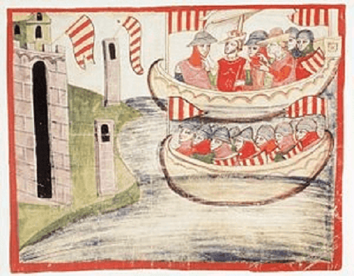 Pedro III  de Aragón en Trapani (Sicilia, 1282)El rey aragonés puso entonces su flota rumbo a Sicilia donde arribó el 30 de agosto de 1282 y donde fue coronado rey en la ciudad de Palermo. 