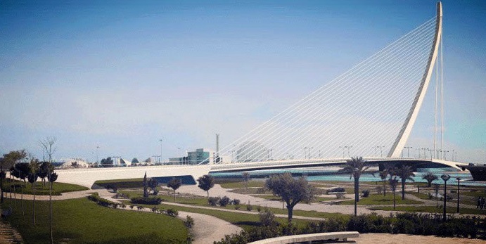 El puente Assut de l'Or de Valencia (España), también conocido por su apodo de el jamonero, de la vela o puente del arpa, es un puente atirantado que cruza los jardines del Turia. .