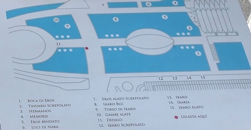 Situación donde se encuentran cada una de las obras de Igor Mitoraj en la ciudad de las Artes y las Ciencias.