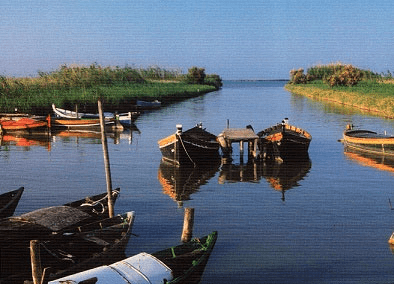 Barcas en un canal de la Albufera de Valencia.