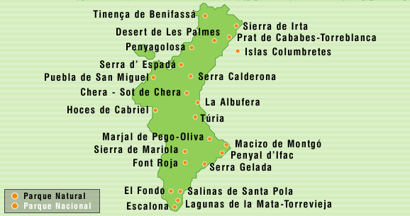 Mapa de los Parques Naturales de l,a Comunidad Valenciana y de los Nacionales,