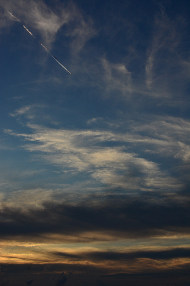 夏　夕日のグラデーションと飛行機雲