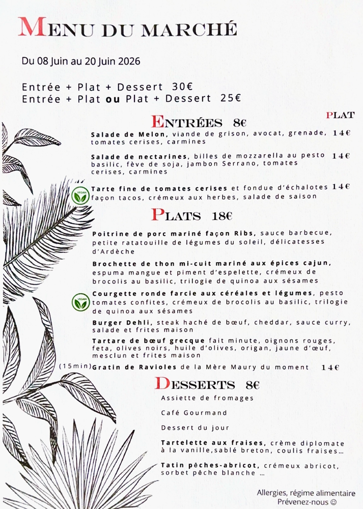 Menu du maché au restaurant le briand à valence 
