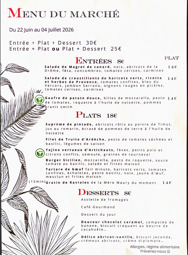 Menu du maché au restaurant le briand à valence 
