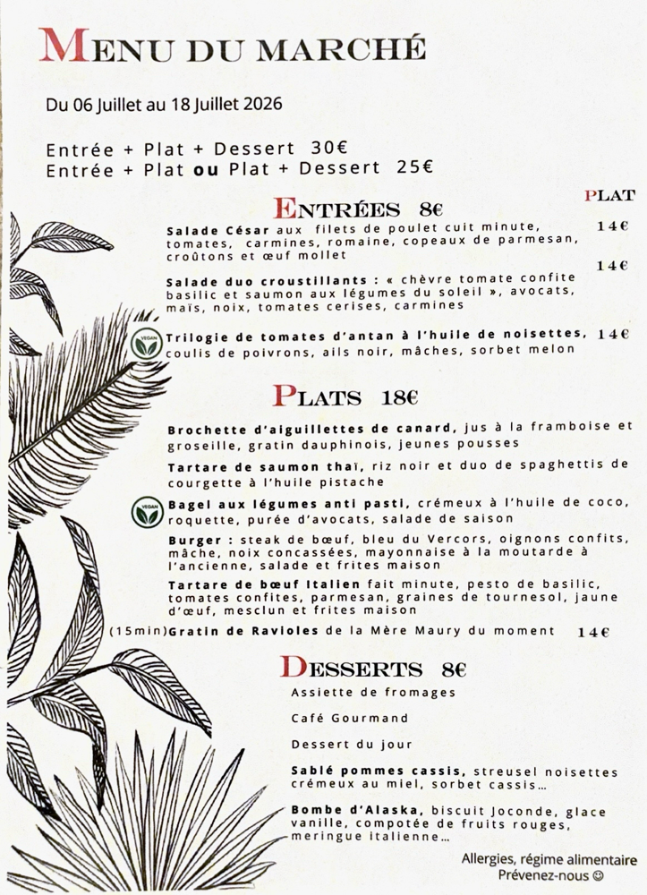 Menu du maché au restaurant le briand à valence 