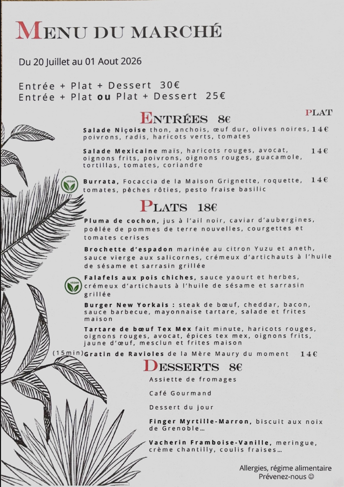 Menu du maché au restaurant le briand à valence 