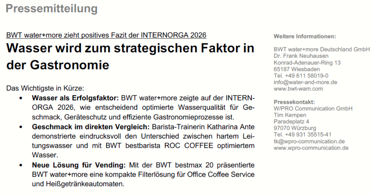 Pressemitteilung BWT water+more 09.04.2026: Wasser wird zum strategischen Faktor in der Gastronomie