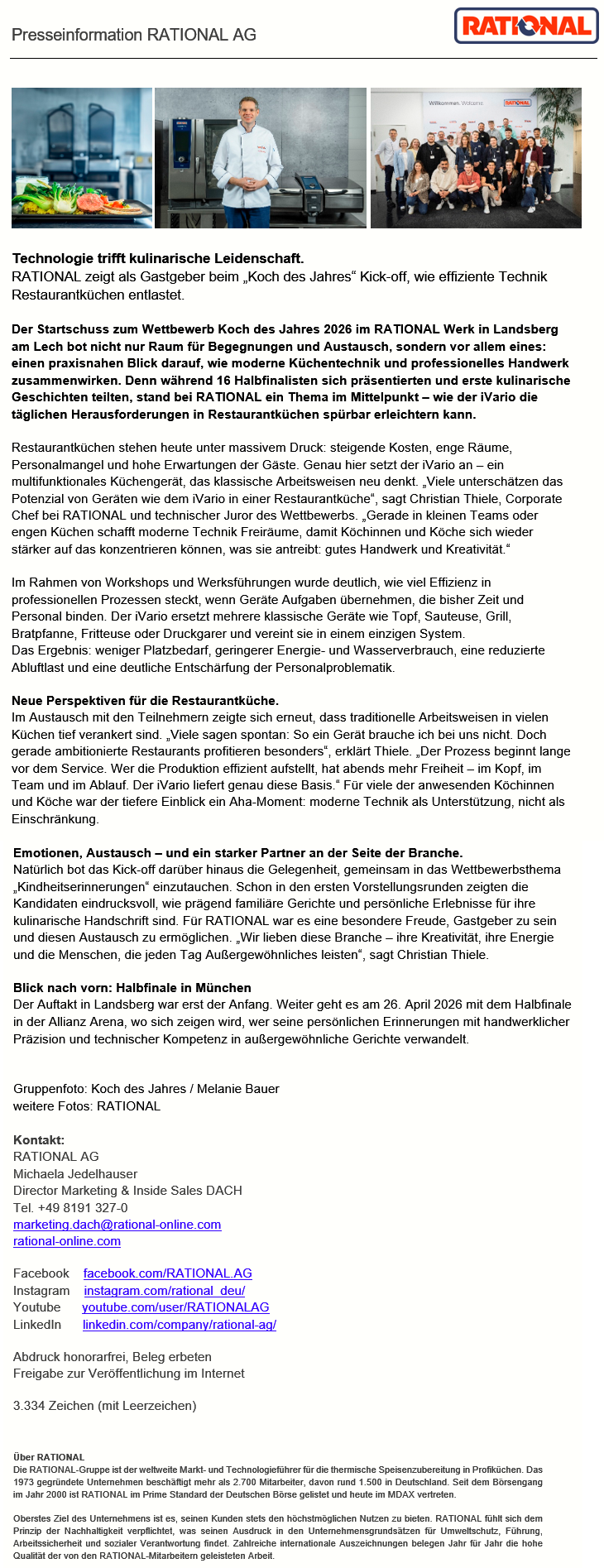 Technologie trifft kulinarische Leidenschaft. RATIONAL zeigt als Gastgeber beim „Koch des Jahres“ Kick-off, wie effiziente Technik Restaurantküchen entlastet.  Der Startschuss zum Wettbewerb Koch des Jahres 2026 im RATIONAL Werk in Landsberg am Lech bot n