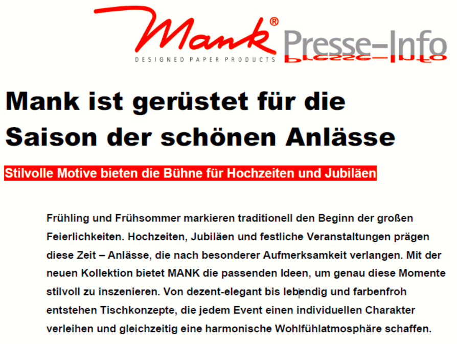 Pressemitteilung Mank 20.03.2026: Mank ist gerüstet für die Saison der schönen Anlässe