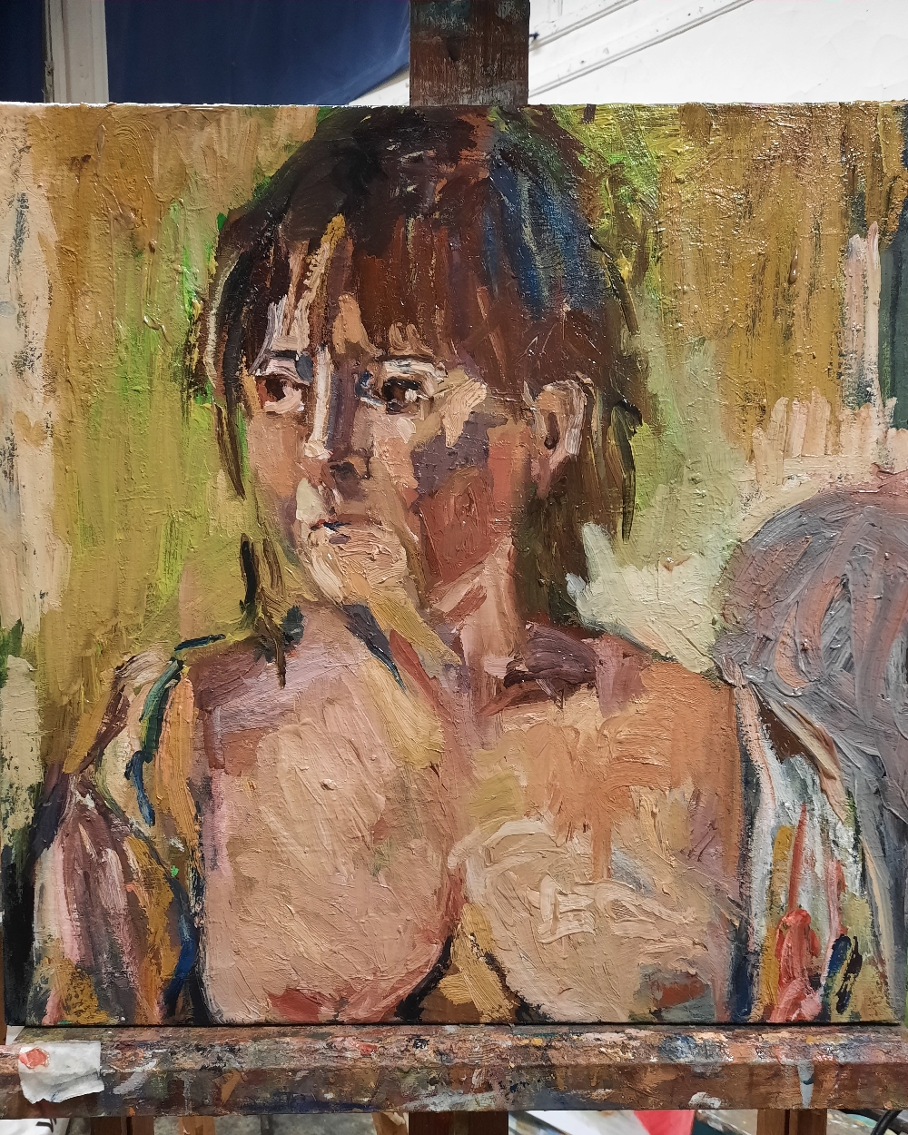 Portrait de femme aux cheveux relevés 58x58 oil on linen 2022.1900€