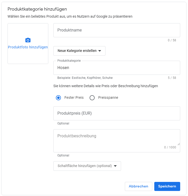 Screenshot des Formulars zum Produkt anlegen in Google MyBusiness