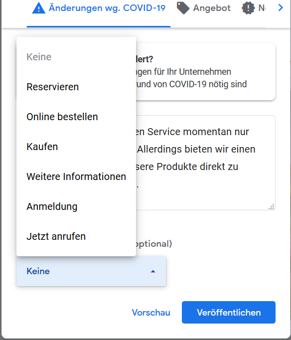 Screenshot: Schaltfläche zum Corona-Beitrag in Google MyBusiness hinzufügen