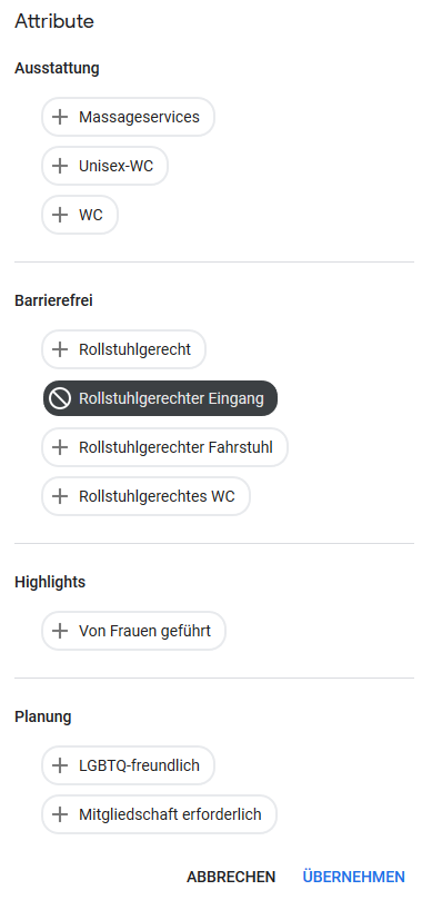 Attribute in Google MyBusiness / Google Maps einstellen