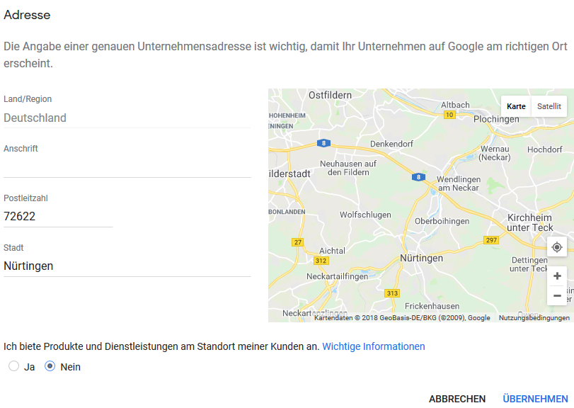 Adresse oder Einzugsgebiet in Google MyBusiness / Google Maps einstellen