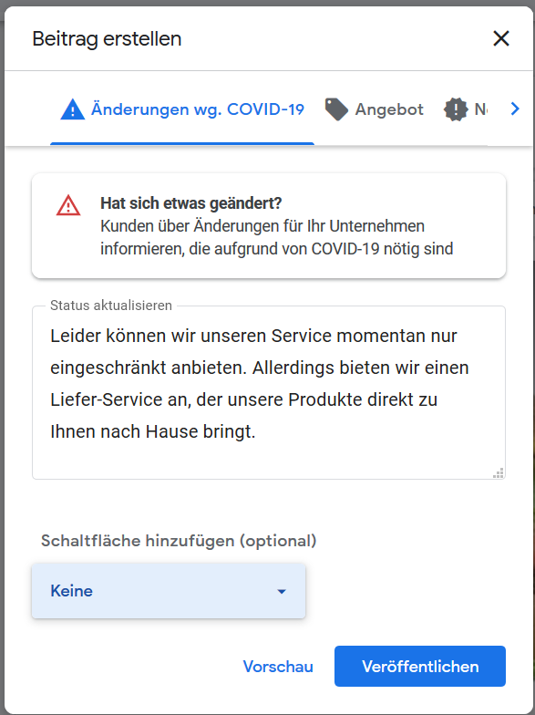 Screenshot: Beitrag zur Corona-Krise erstellen in Google MyBusiness
